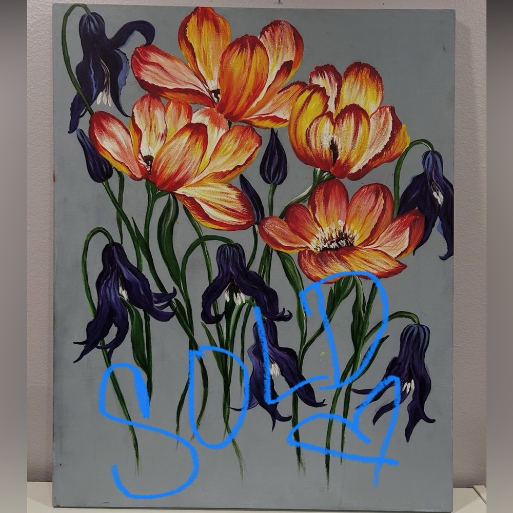 Floral Canvas Art with Orange and Purple Flowers
